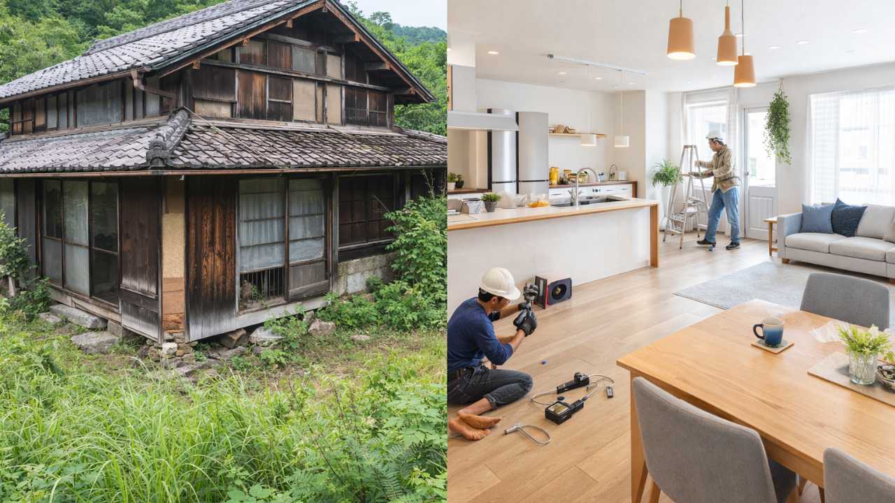 空き家の外観とリフォームのイメージを並べたビジュアル