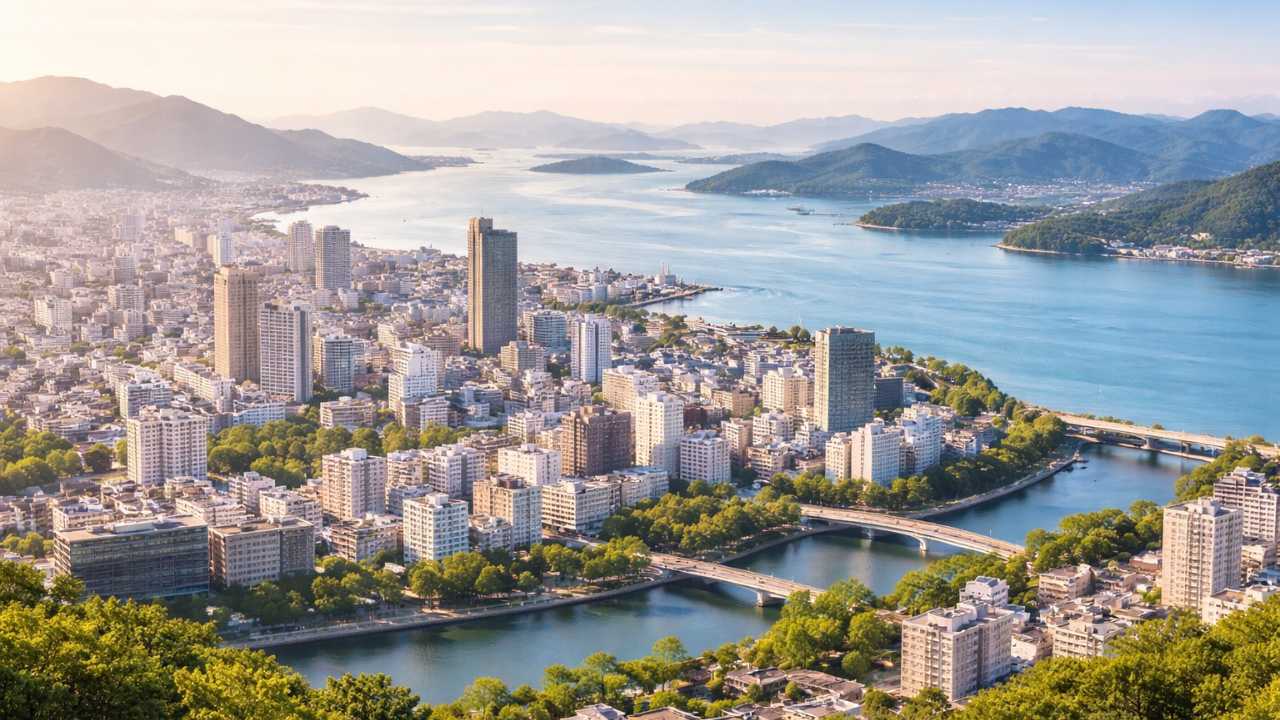 広島の街並みと瀬戸内海が同時に見える爽やかな俯瞰風景