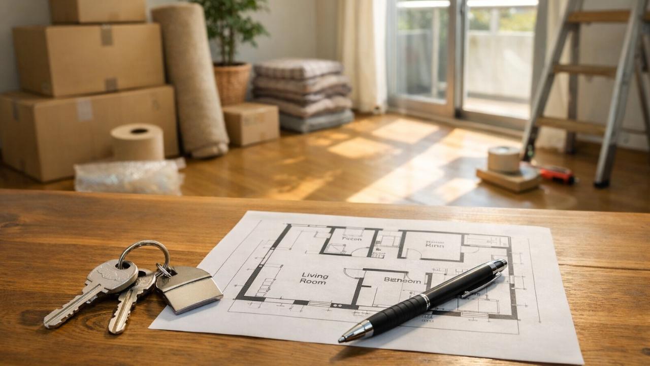 内見中の部屋、鍵と間取り図とペンがテーブルに置かれている