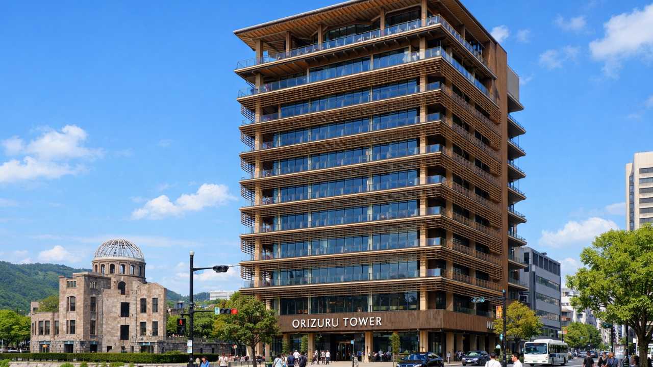 広島市中心部、原爆ドーム近くに立つおりづるタワーの外観