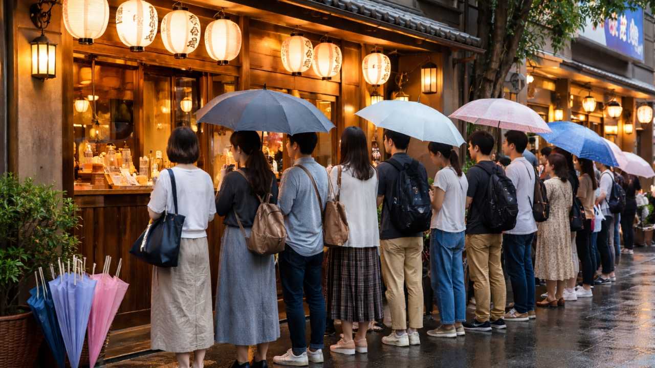飲食店前の整った行列のイメージ、雨傘や日傘など待ち対策小物
