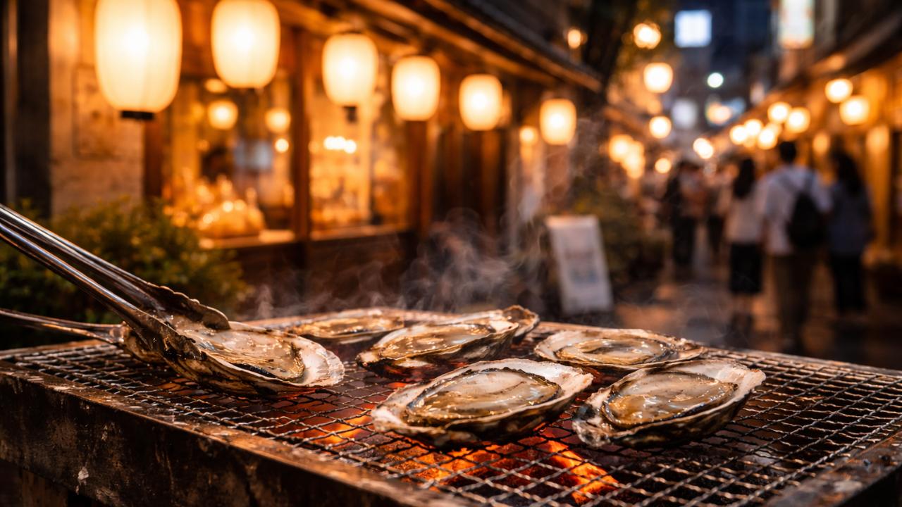 広島・袋町の夜の街並みを背景に、牡蠣の炭火焼きと提灯の温かい光
