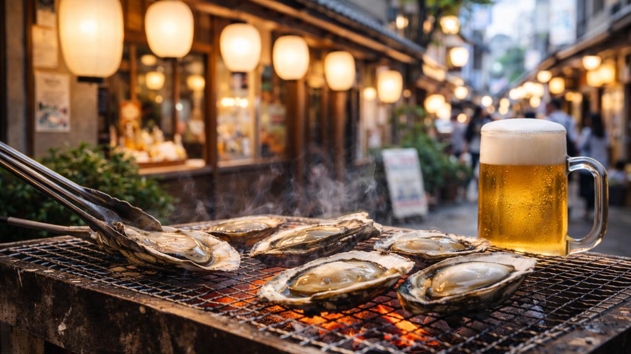広島・袋町の昼の街並みを背景に、牡蠣の炭火焼きと提灯の温かい光