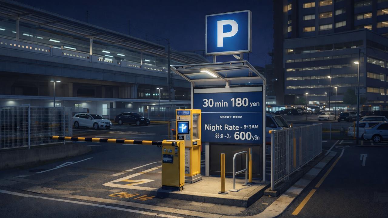 駅前の小規模駐車場入口をイメージした写真風ビジュアル