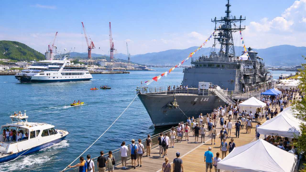港の桟橋と船、海上イベントを連想させる臨場感ある風景