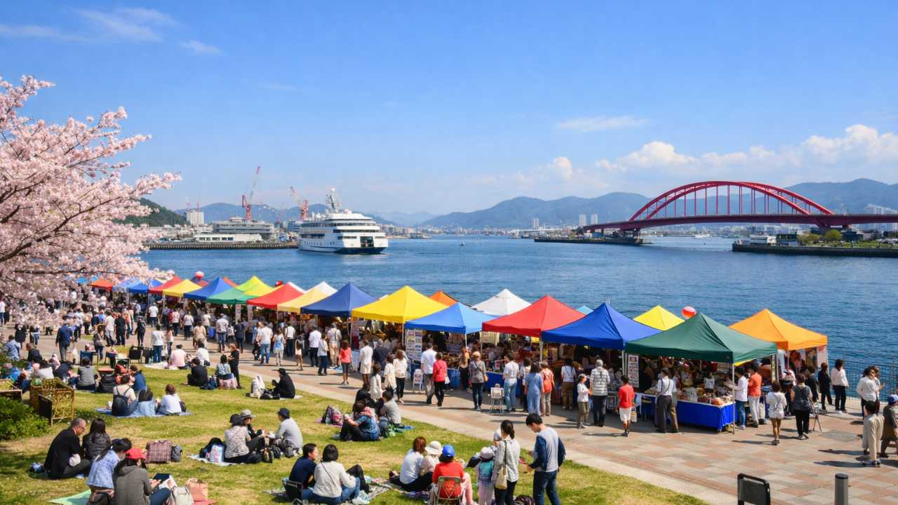 広島みなとフェスタ春の広島港、海沿いの公園にカラフルなテントが並び人で賑わうイベント風景