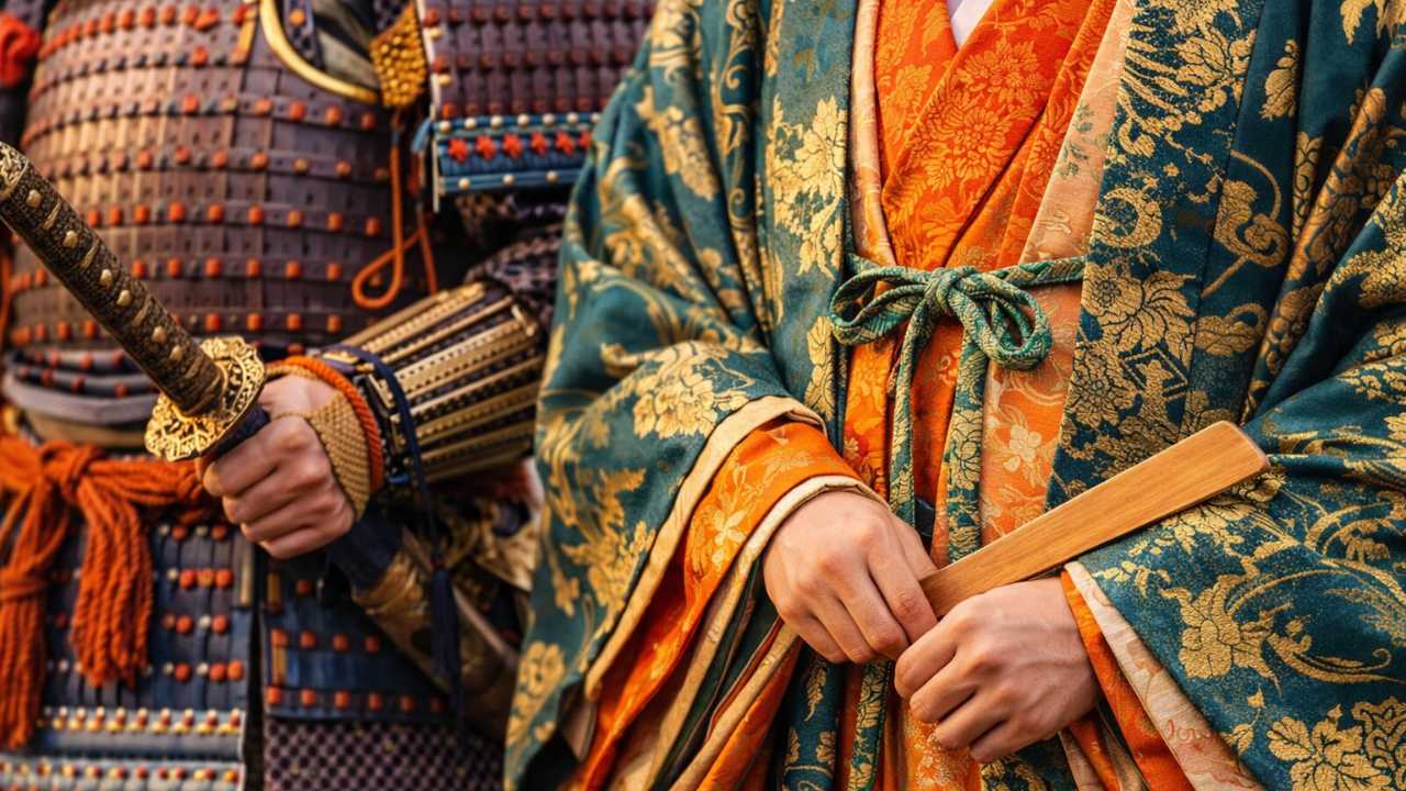 武将の甲冑と公達装束の質感が分かる寄り