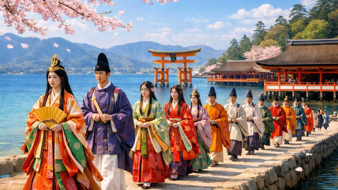 春の宮島、平安装束の仮装行列が歩く雰囲気、背景に海と社殿を連想させる構図