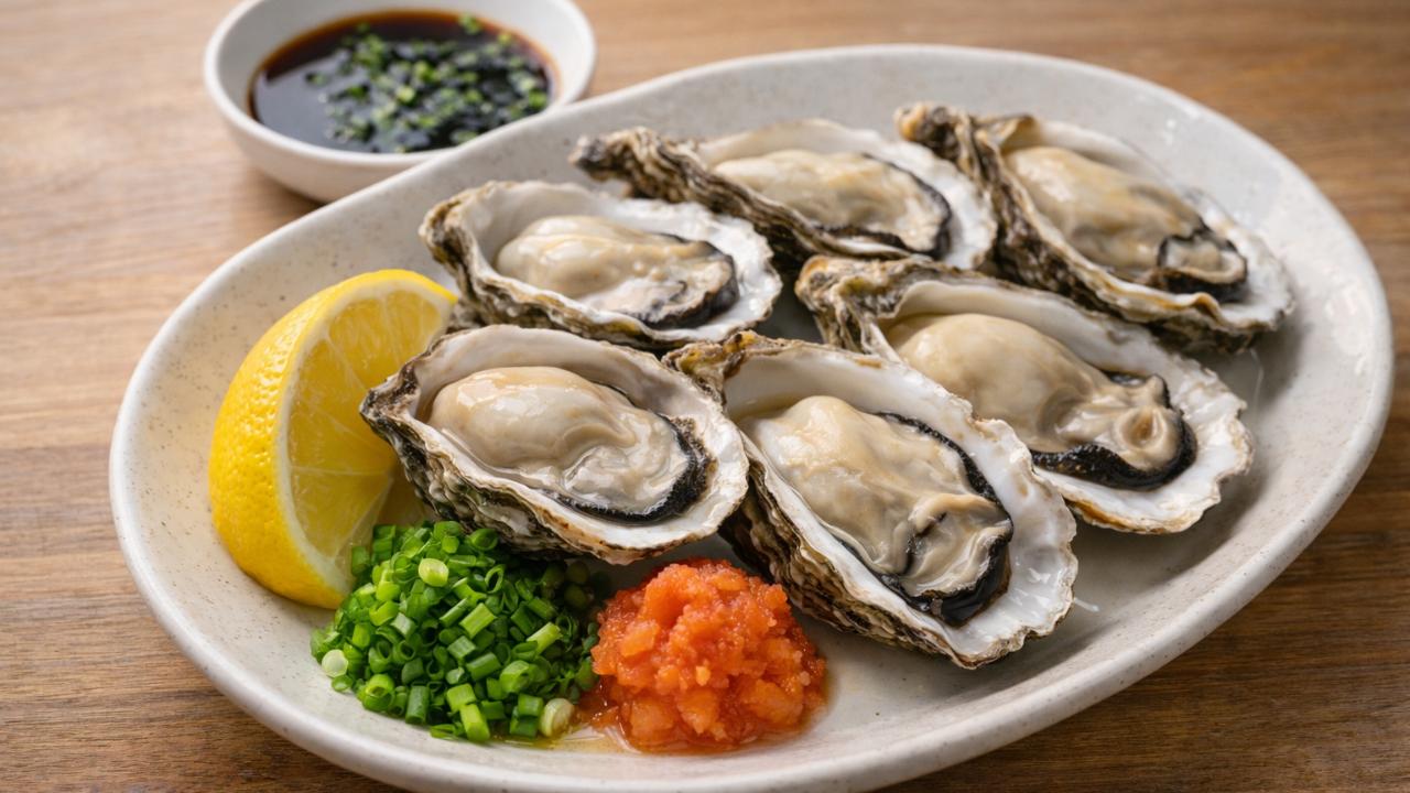 レモン、ポン酢、刻みねぎ、もみじおろしを添えた蒸し牡蠣の盛り付け