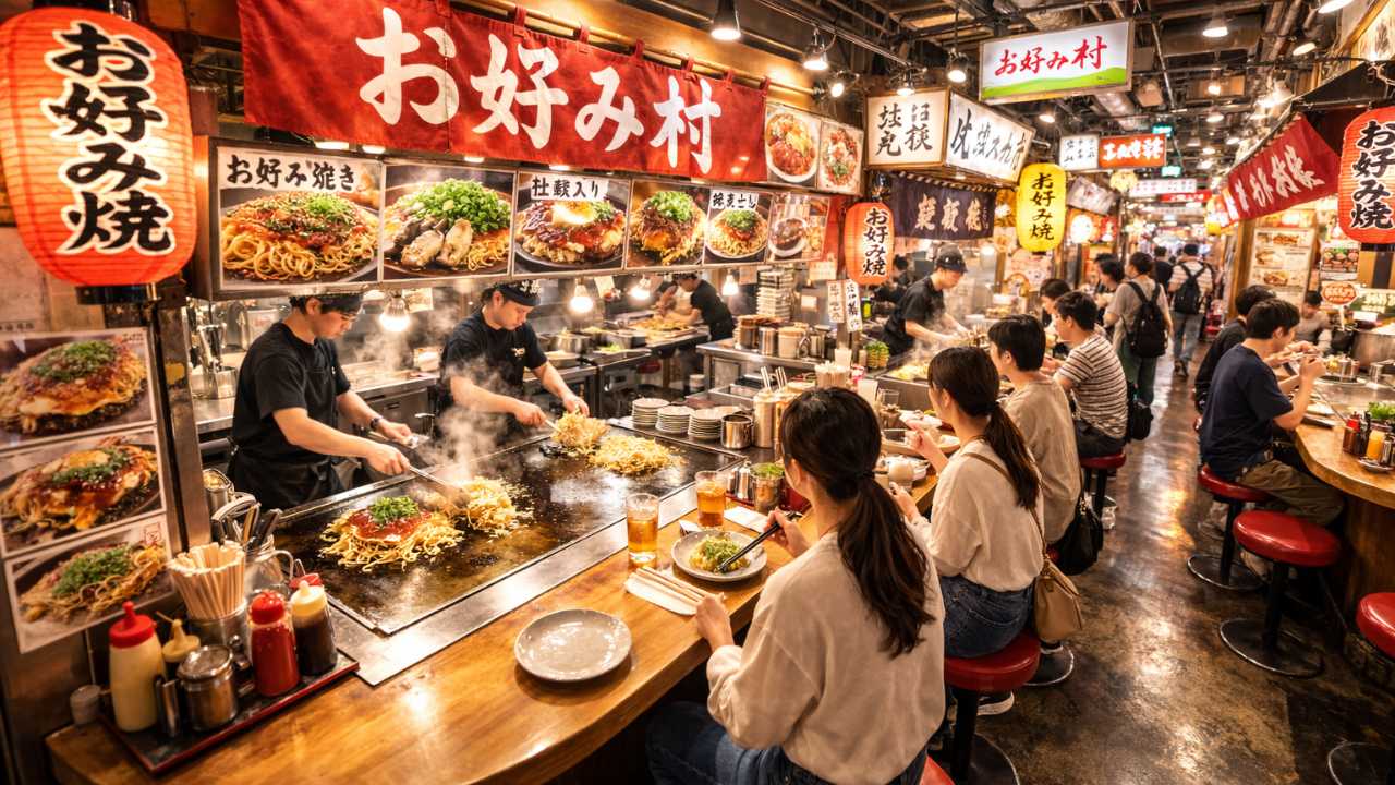 お好み村の雰囲気が伝わるような、店が並ぶビル内の活気