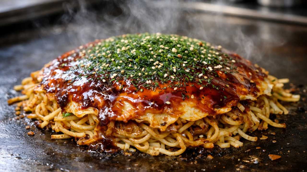 鉄板の上で湯気が立つ広島風お好み焼き