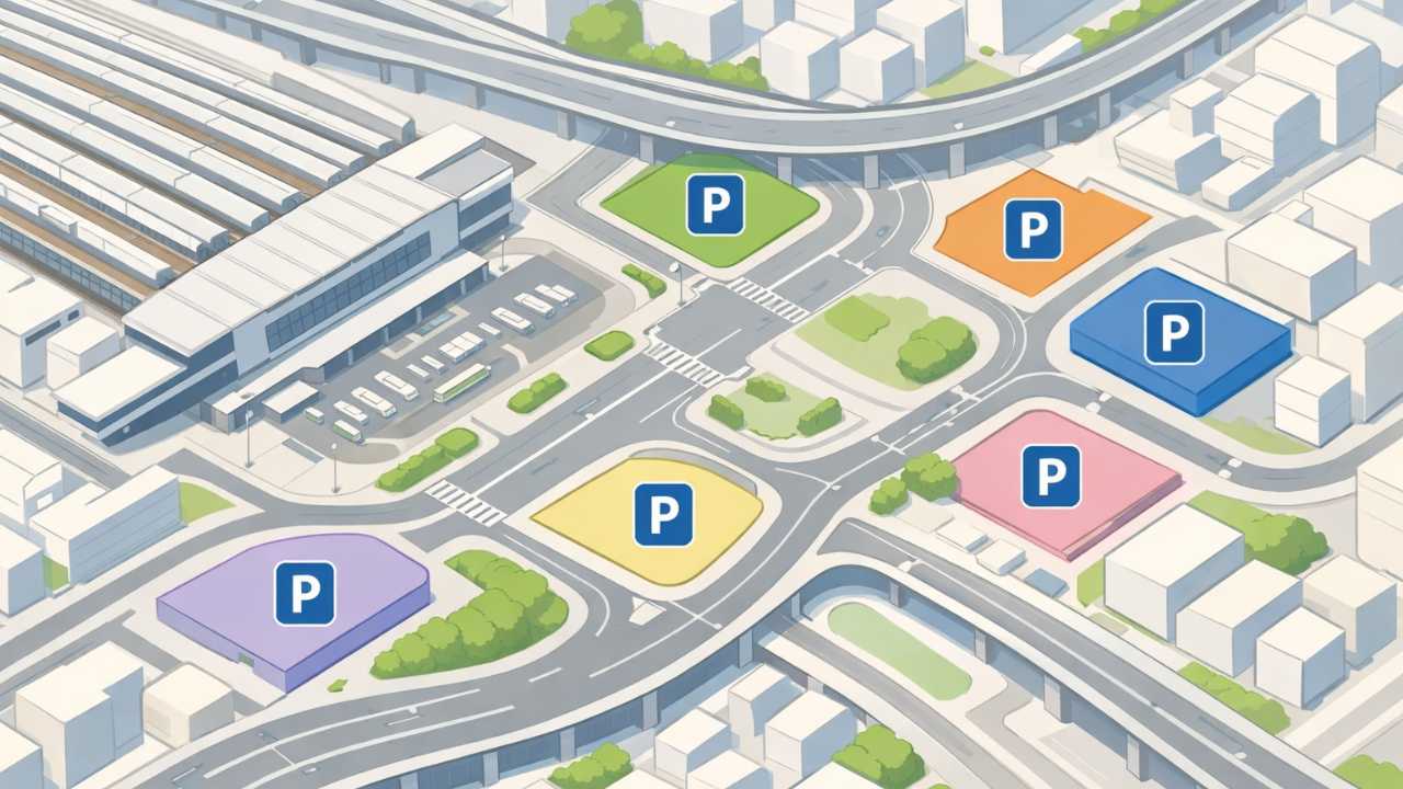 広島駅新幹線口（北口）周辺の駐車場位置関係が分かる俯瞰イラスト