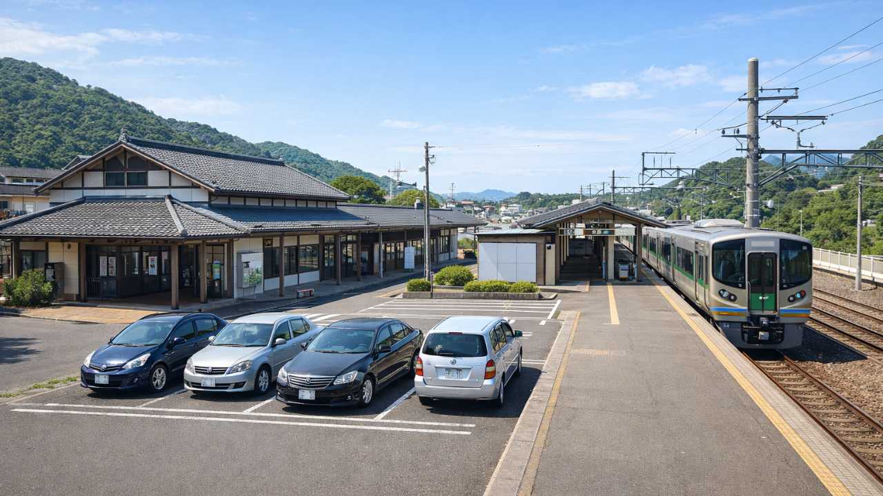 宮島口、JR駅前の駐車場と駅舎