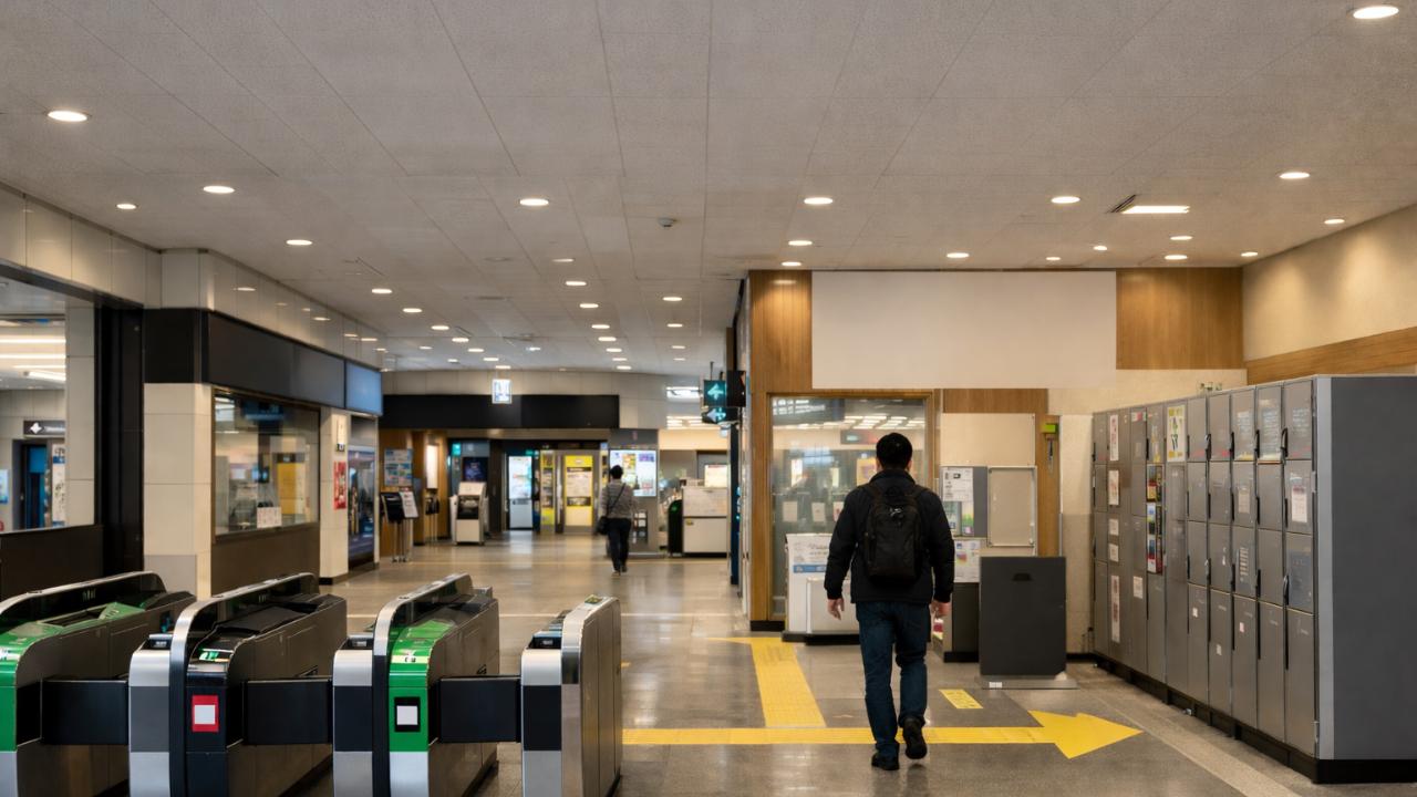 JR宮島口駅の改札周辺イメージ、案内表示が分かる構図