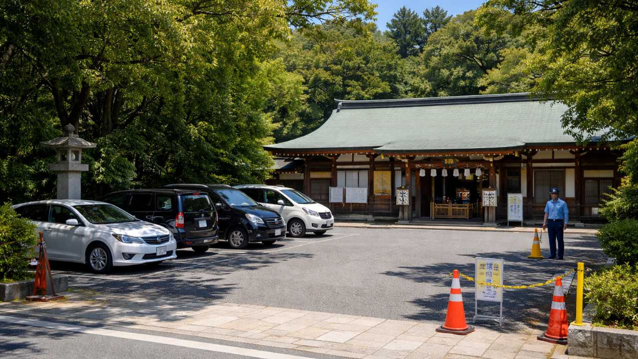神社の社務所前に小規模な駐車スペースがある様子を遠景で表現