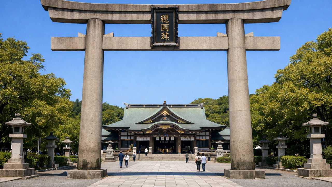 広島護国神社の大鳥居と拝殿を正面から見た構図