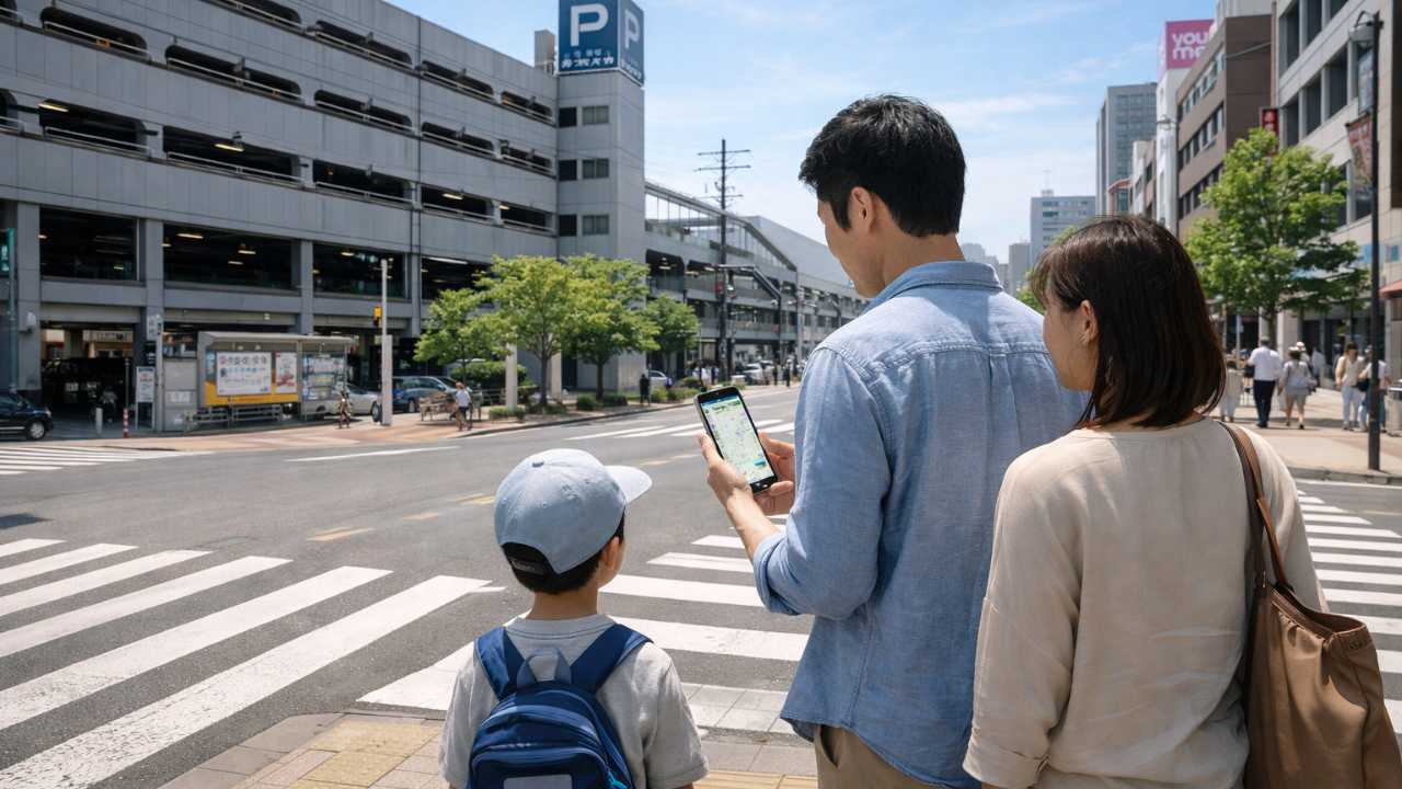 呉駅近くの立体駐車場から徒歩で街を歩く家族