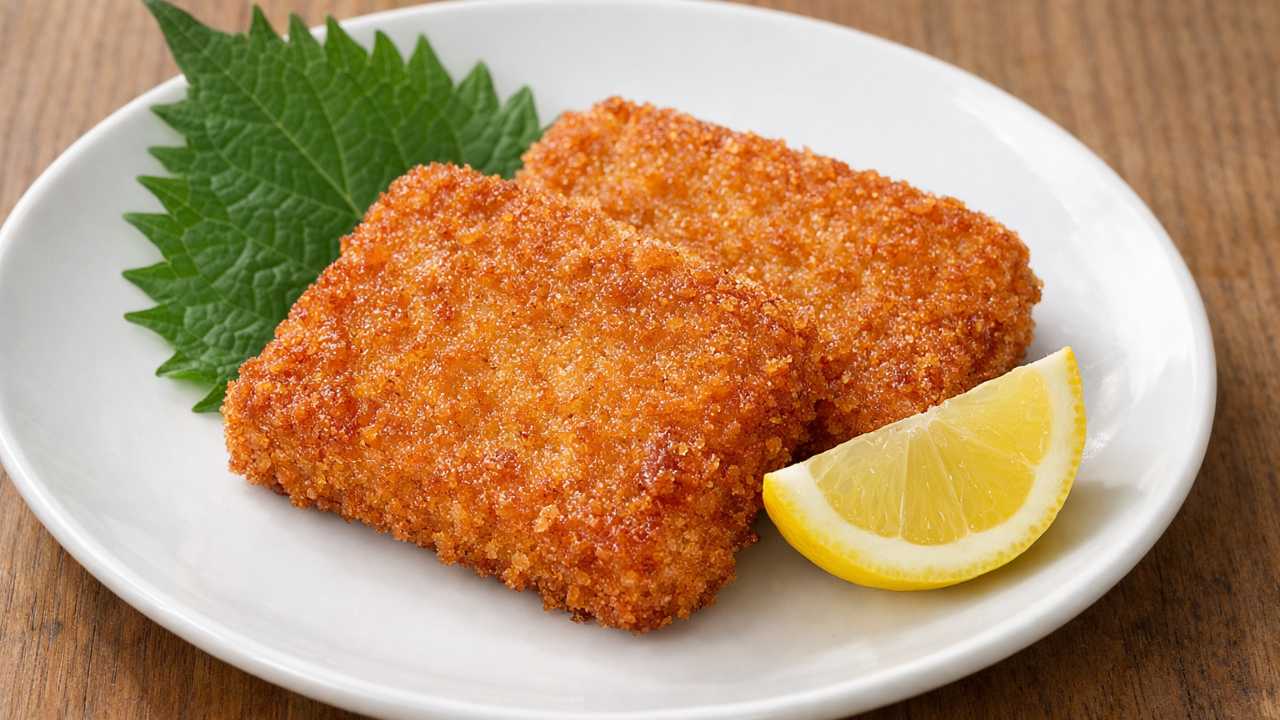 白い皿にがんすを2枚盛り、大葉とレモンを添えたシンプルな料理写真風