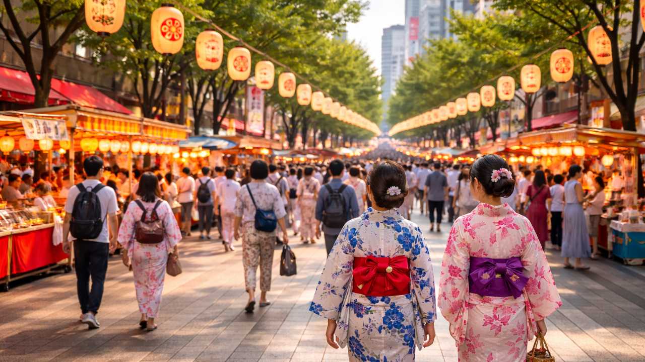 広島市中心部の中央通りを浴衣姿の来場者が歩いている初夏の祭り風景