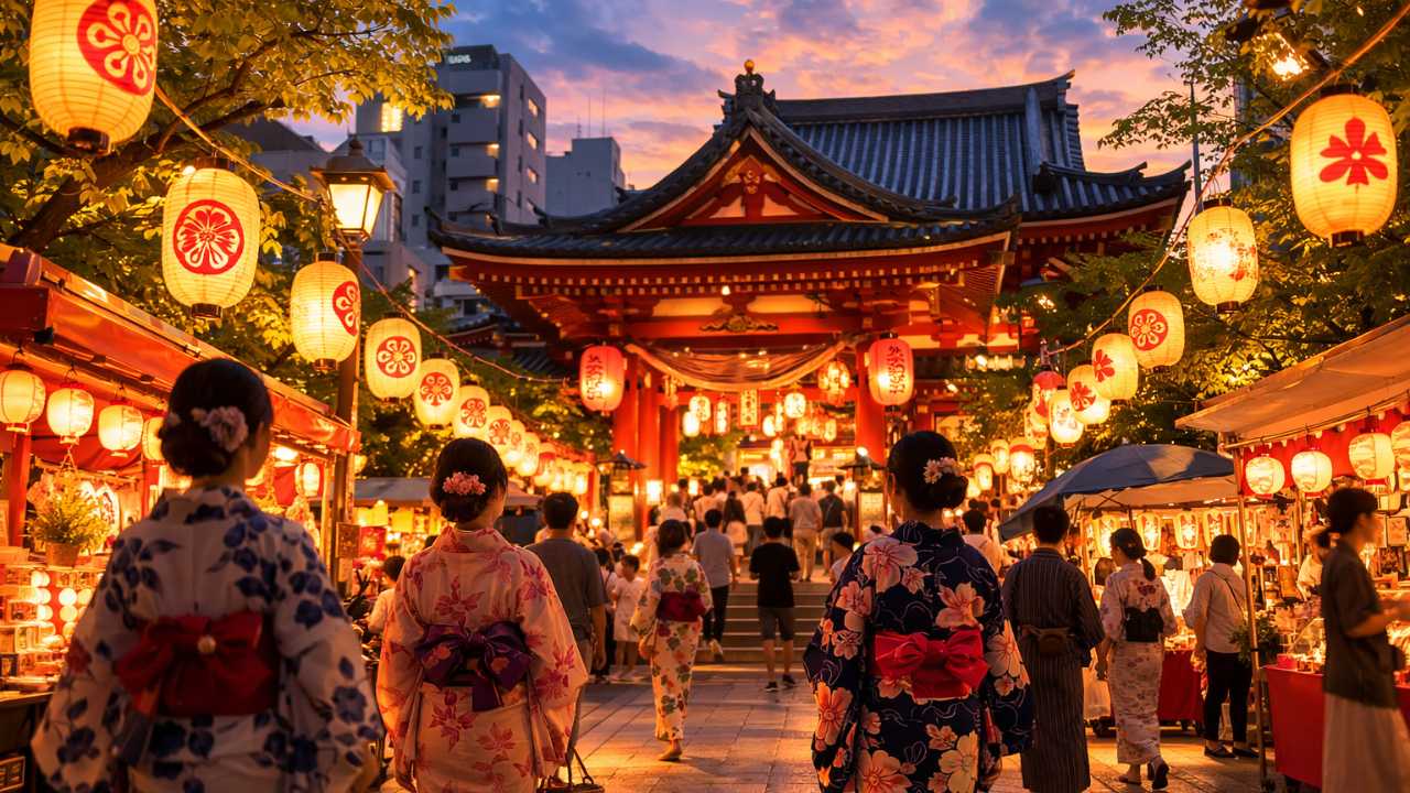 広島の初夏の夕方、圓隆寺の提灯が灯る参道、浴衣姿の参拝客が行き交う、にぎやかだが上品な祭りの雰囲気