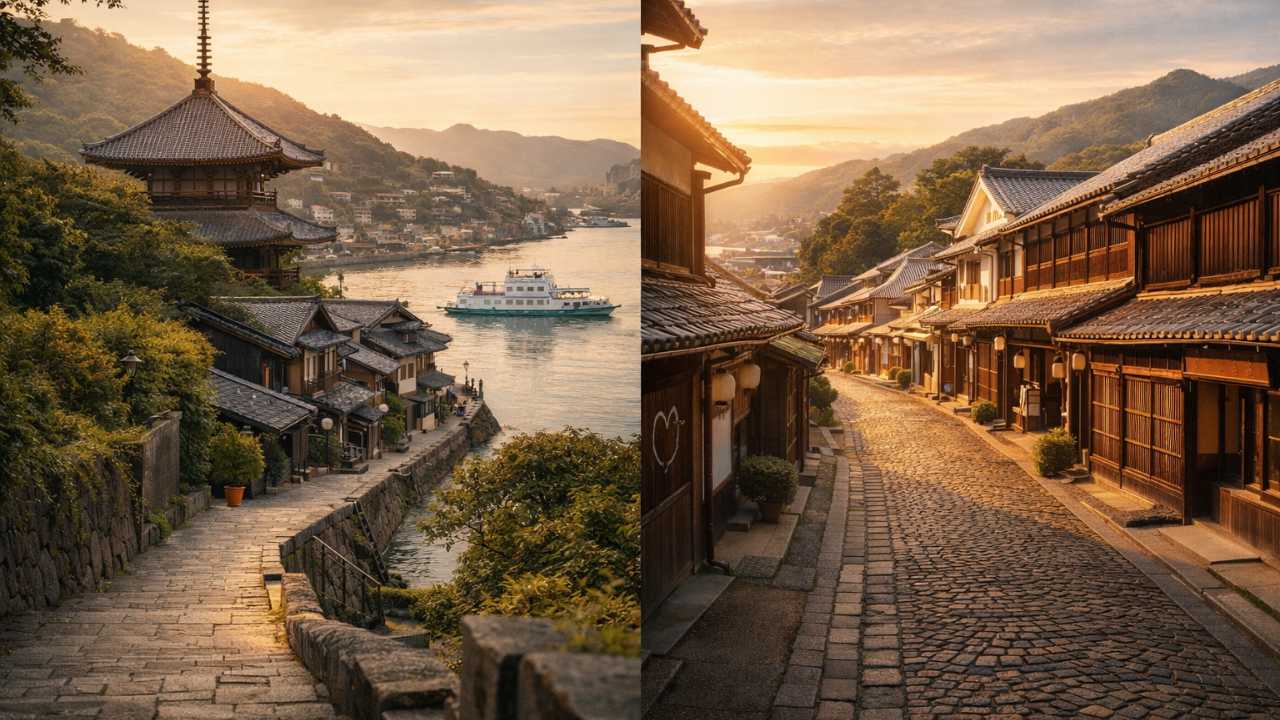 尾道と竹原の映画ロケ地特集画像。尾道の坂道、渡船、古い町並み、竹原の保存地区をやわらかな夕方の光で描く