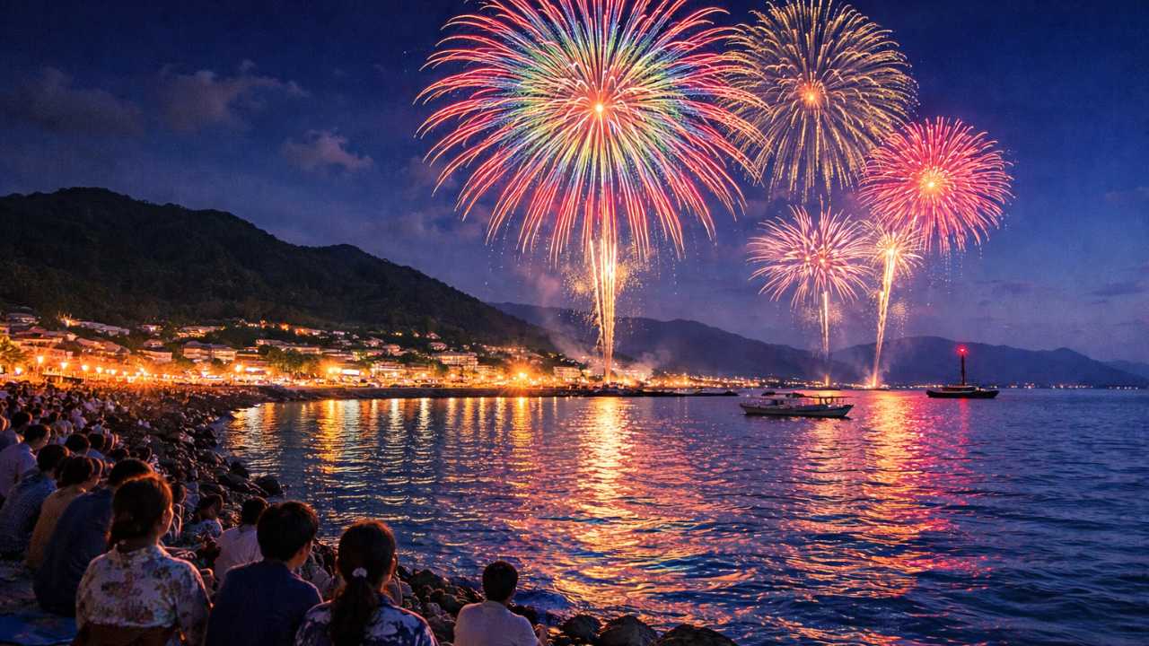 安芸津の海辺で打ち上がる花火のイメージ