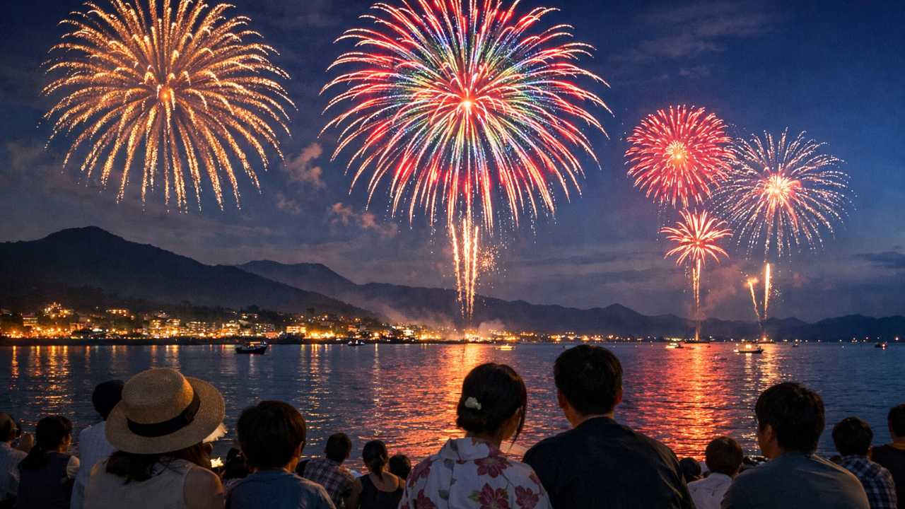 東広島の夏の花火大会を表現した横長ビジュアル。海辺の夜景、遠景に山のシルエット、手前に穏やかな観覧客の後ろ姿、夜空に色鮮やかな大輪の花火
