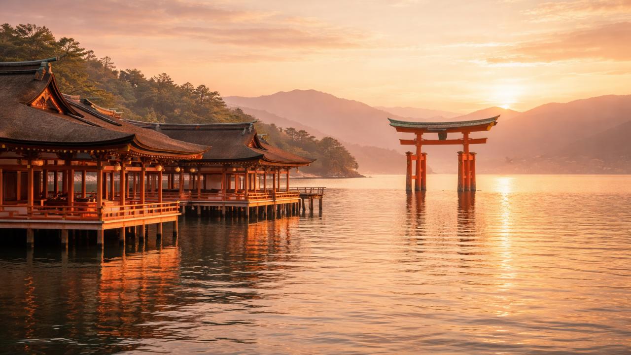 平安時代の雰囲気を感じる厳島神社の海上社殿と大鳥居