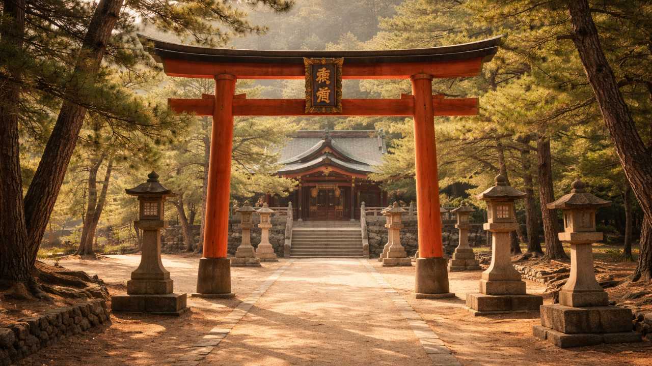 宮島の清盛神社の鳥居と松並木