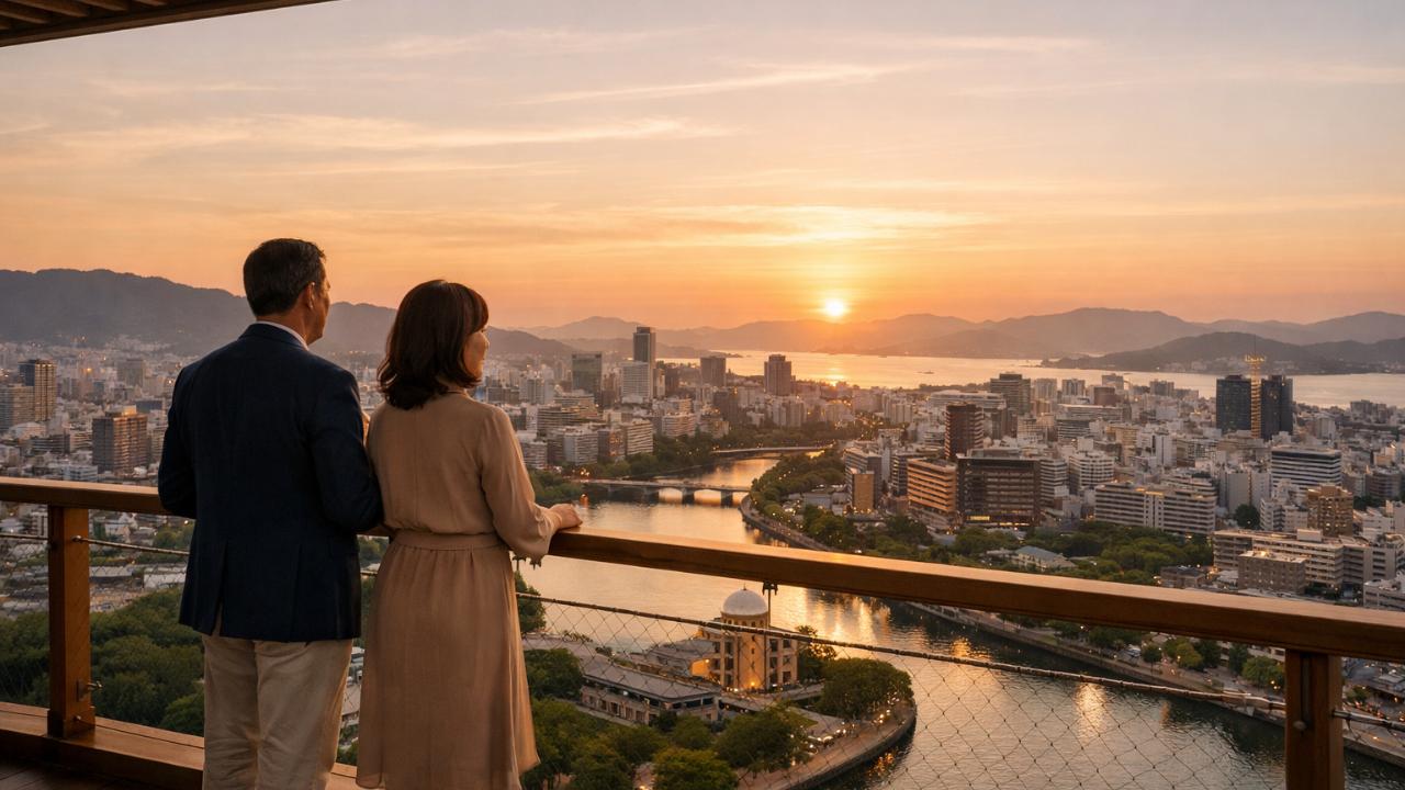 広島の大人向けおでかけを表現する旅行ブログのアイキャッチ。夕暮れのおりづるタワー展望台から広島市街を見渡す構図