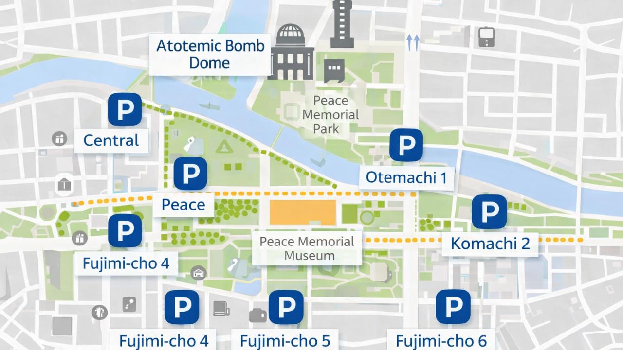 平和大通り周辺の市営駐車場と主要スポットの位置関係