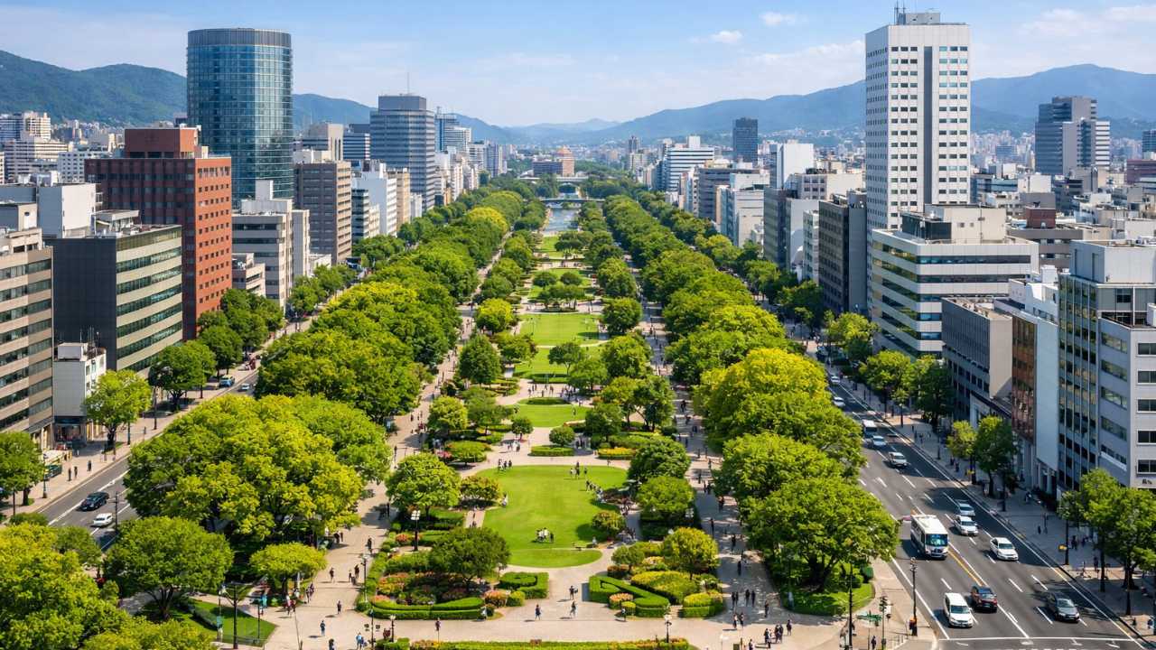 広島市の平和大通りを俯瞰気味に見せた都市風景