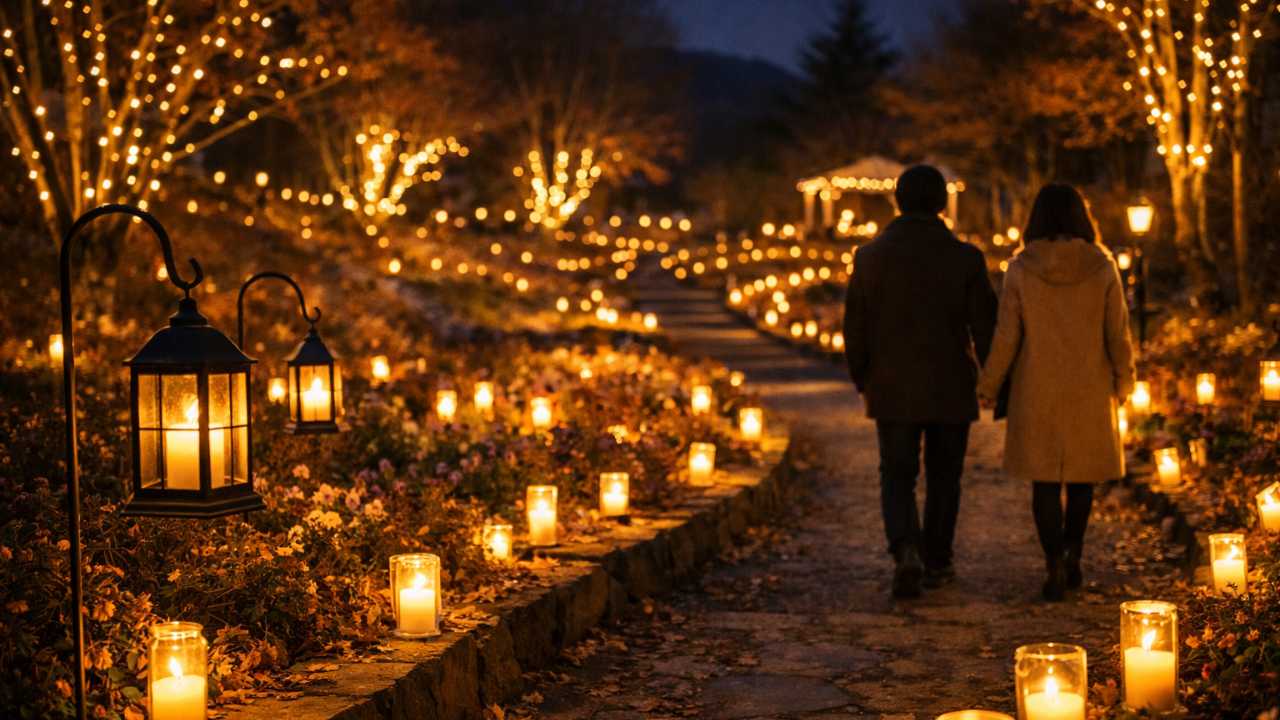 キャンドルの光に包まれたガーデンの散策路、ランタン風の灯り、奥行きのある構図