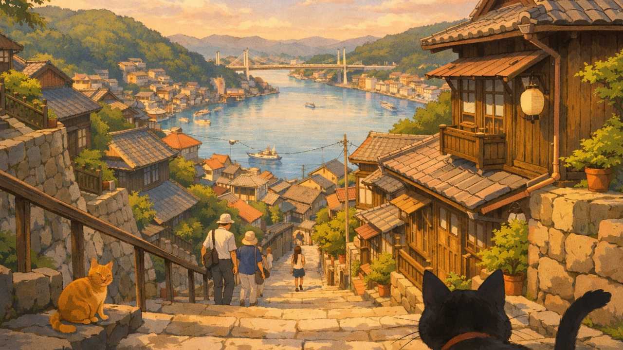 尾道の山手の坂道と石段、古い木造家屋、遠景に尾道水道、手前に猫の気配を感じる静かな路地、夕方のやわらかな光、ノスタルジックで温かい手描きアニメ調