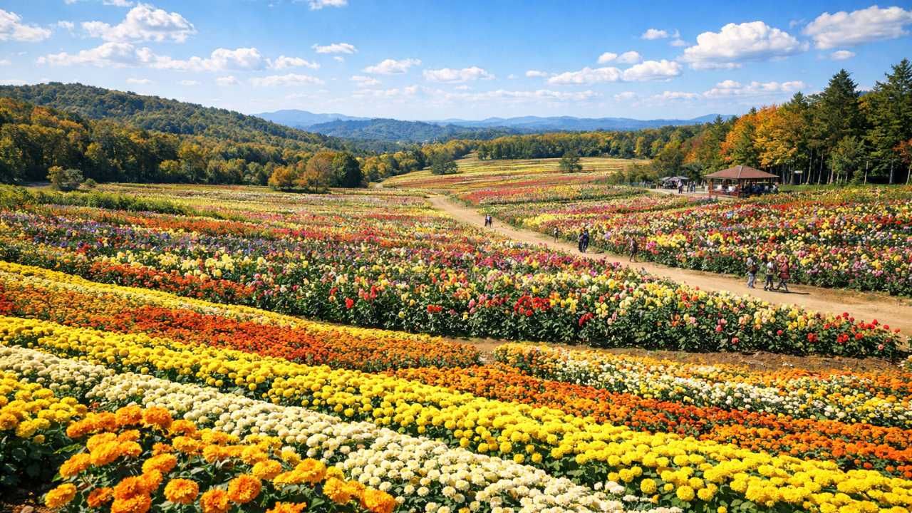 みはらしの丘から見下ろす世羅高原のダリアとガーデンマムの花畑、立体感のある構図