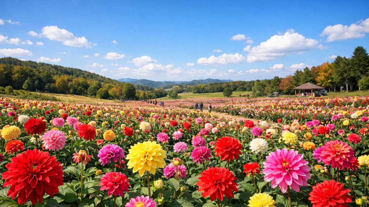 世羅高原農場の秋、青空の下に広がるカラフルなダリア畑を広角で撮影した風景