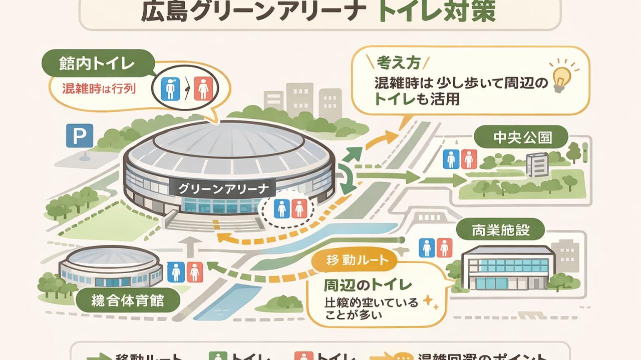 広島グリーンアリーナのトイレ対策を説明するシンプルな案内図風イラスト。館内、周辺施設、移動ルート、混雑回避の考え方が直感的に分かる構成