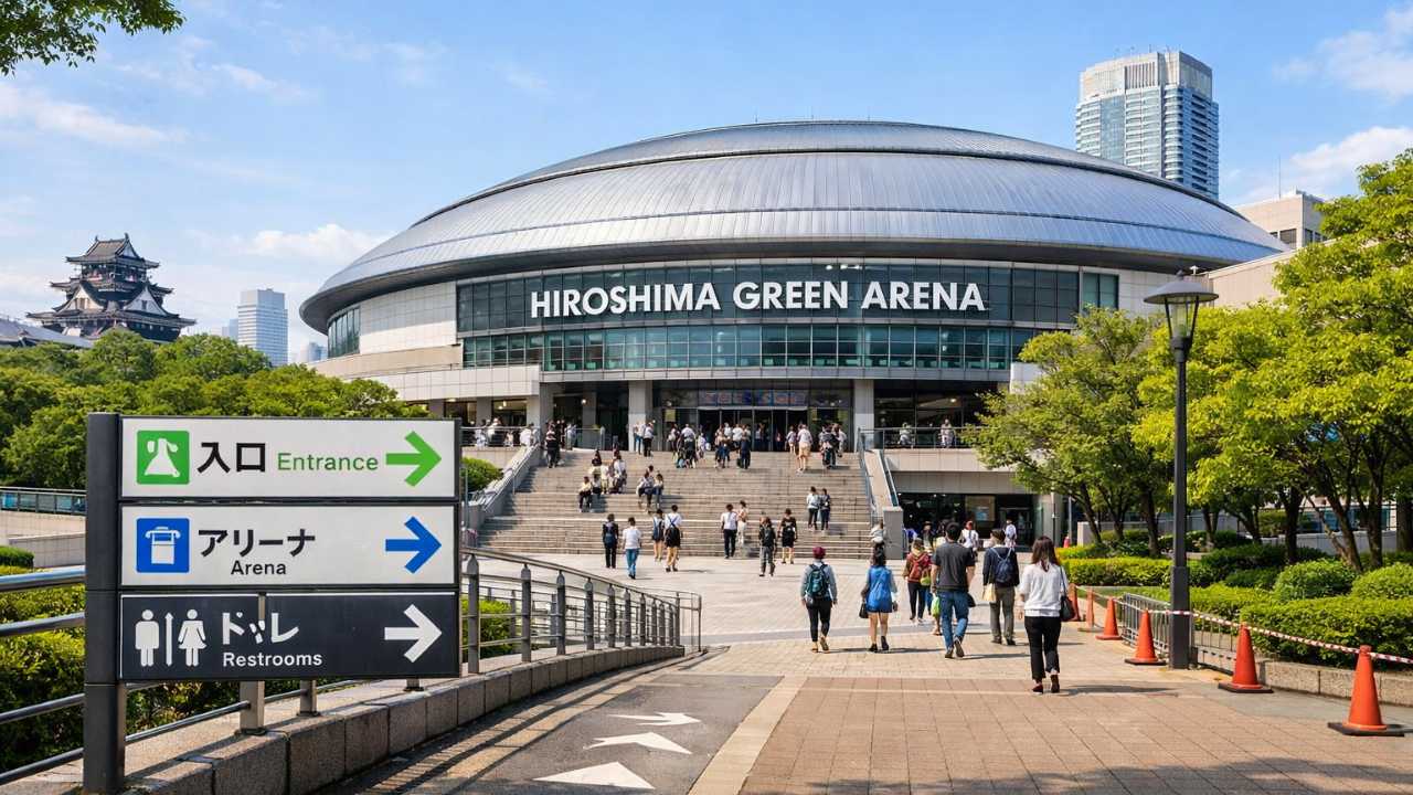 広島グリーンアリーナの外観を中心に、イベント来場前の安心感が伝わる清潔で明るい雰囲気