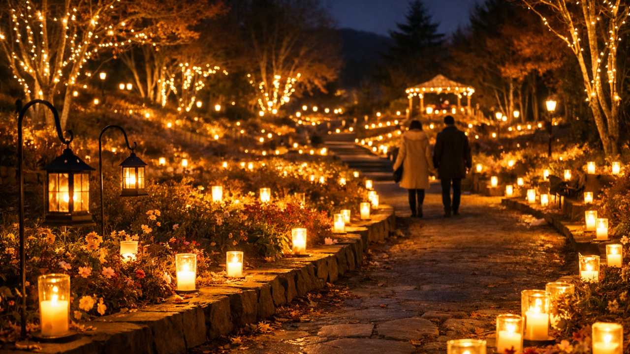 広島県の高原にあるガーデンを舞台に、無数のキャンドルが小道と樹木をやさしく照らす夜景