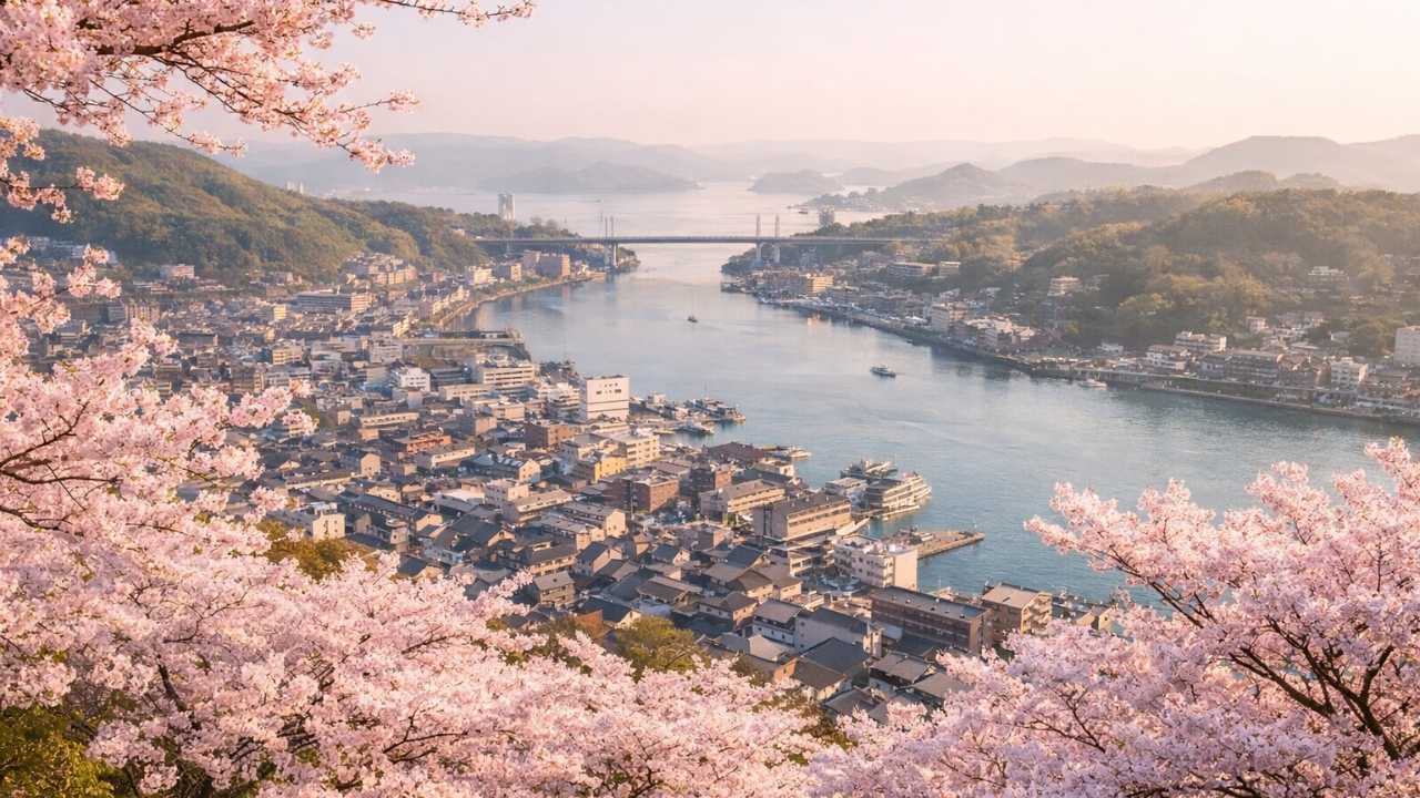 満開の桜に包まれた千光寺公園の高台から、尾道の街並みと尾道水道を見下ろす春の絶景