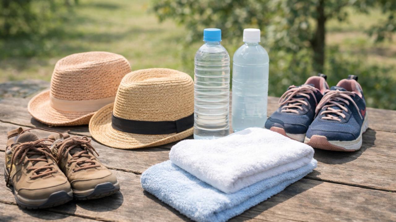 帽子と歩きやすい靴、飲み物、タオルを並べたさくらんぼ狩りの持ち物準備イメージ