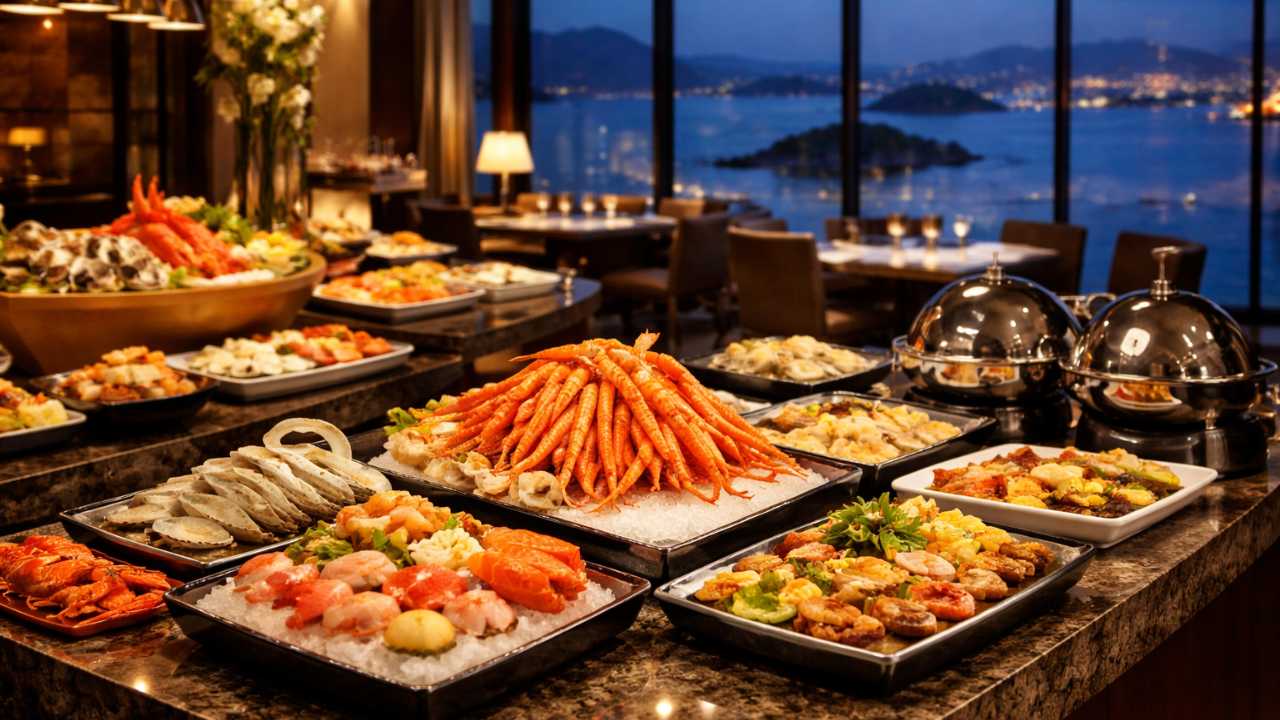 海や夜景を連想させるレストラン写真　カニ料理と海鮮料理が美しく並ぶシーン