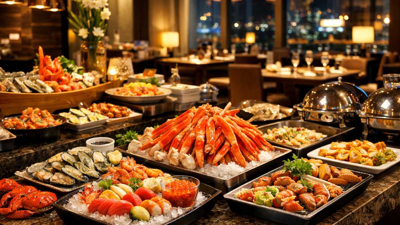 広島のホテルビュッフェをイメージした上品なレストラン空間に、カニ料理と海鮮料理が美しく並ぶシーン