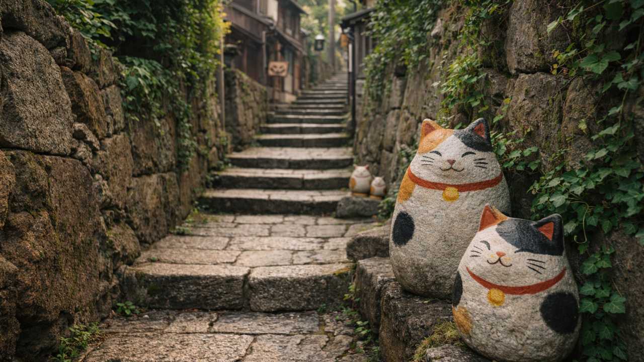 猫の細道の細い路地、石畳、福石猫、少しノスタルジックな雰囲気