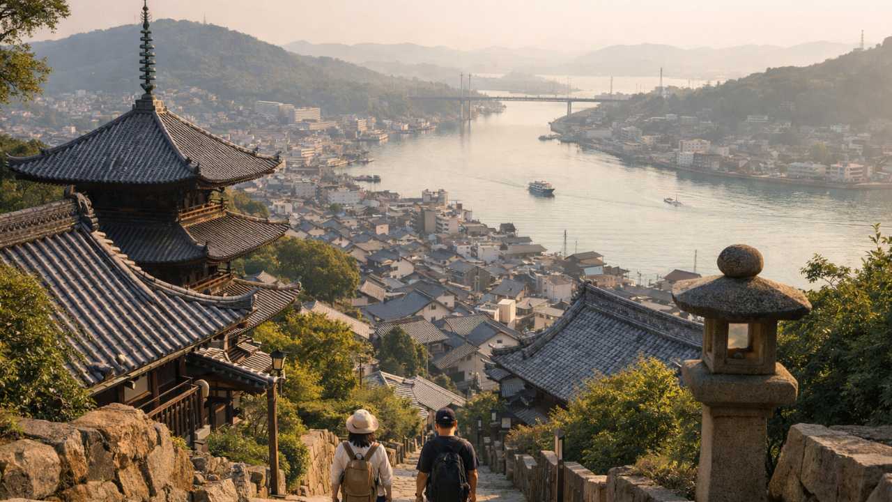 尾道の高台から見下ろす尾道水道、坂道と寺の屋根