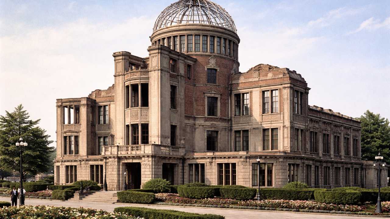 楕円形ドームと欧風建築の特徴がわかる旧産業奨励館の外観