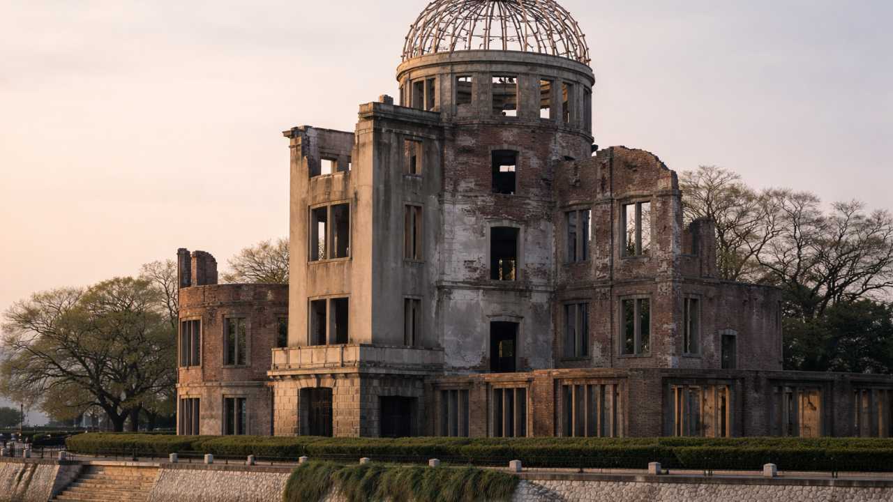 広島の原爆ドームを朝のやわらかな光で捉えた横長構図