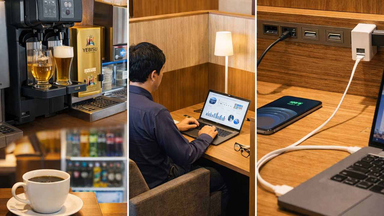 広島空港ラウンジ　ドリンク、ワークブース、電源環境の利用イメージ