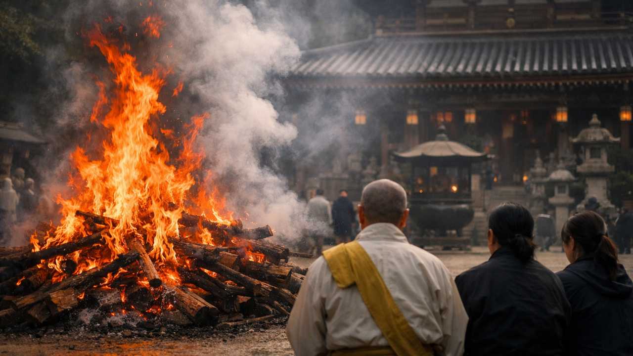 宮島・大聖院の火渡り式の神秘性と歴史を表現する画像