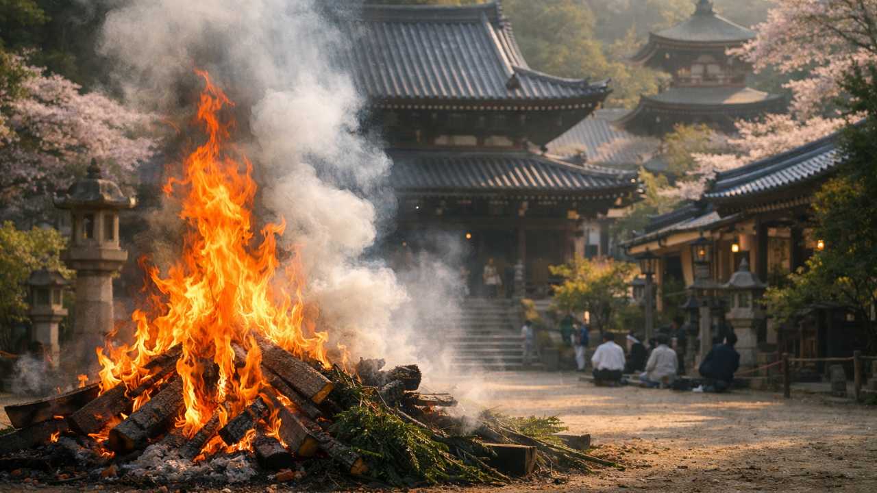 宮島の大聖院で行われる火渡り式をイメージした高品質なアイキャッチ画像